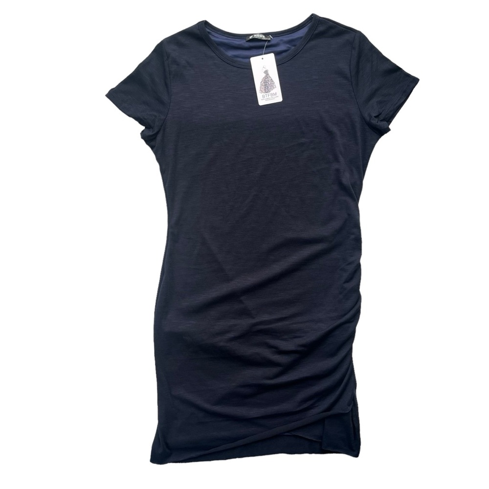 BTFBM Women’s Size Large Navy Blue, Bodycon Short Sleeve T-Shirt Wrap Mini Dress